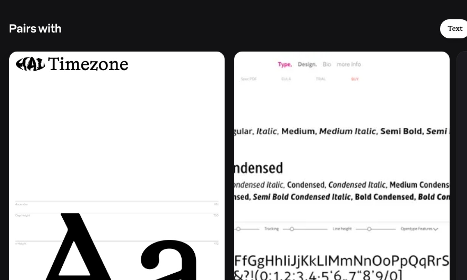 Comparing type specimens in the Pairs with section of a typeface page